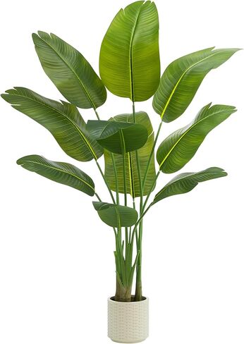 Artificial Bird of Paradise Plant: 6FT Faux Traveler's Palm Fake Banana Tree Elephant Ear Leaf Tall Silk Floor Plant in White Pot for Home Decor Indoor Office Entryway Balcony Patio Cafe Hotel in Saudi Arabia