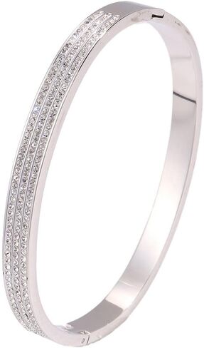 Triple-Row Rhinestone Hinged Bangle Bracelets fow Women；Sliver Plated Stainless Steel in Saudi Arabia