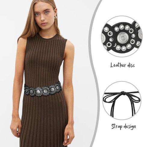 Women’s Western Disc Belt Hollow Boho Concho Leather Belt for Dresses Jeans Festival Outfits in Saudi Arabia