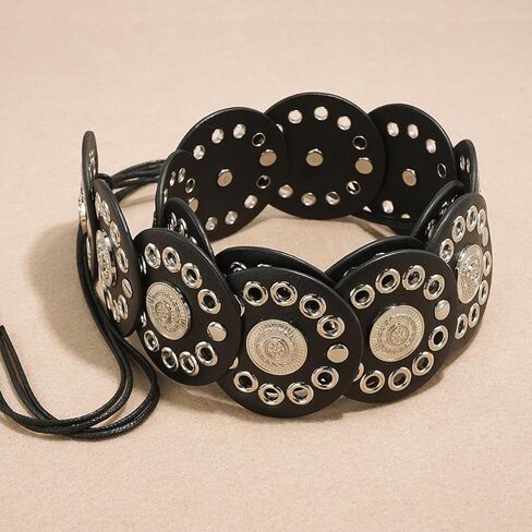 Women’s Western Disc Belt Hollow Boho Concho Leather Belt for Dresses Jeans Festival Outfits in Saudi Arabia