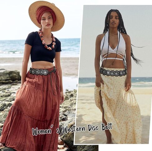 Women’s Western Disc Belt Hollow Boho Concho Leather Belt for Dresses Jeans Festival Outfits in Saudi Arabia
