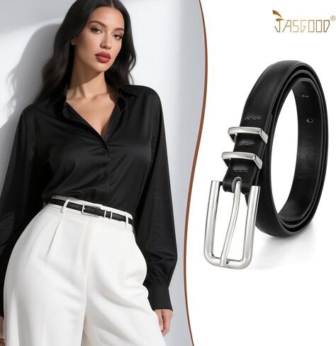 JASGOOD Women's Skinny PU Leather Belt Thin Waist Belt with Silver Buckle for Jeans Pants Dresses 0.7"(Black,Silver in Saudi Arabia