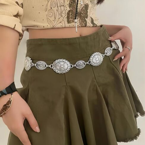 أحزمة غربية للمرأة حزام فضي أحزمة راعية البقر للنساء بوهو فضي عتيق حزام على شكل سلسلة تركواز لفستان الجينز in Saudi Arabia