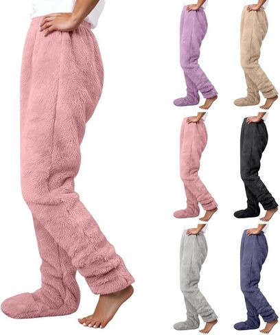 JiXiang Fleece Pants Women Plush Fuzzy Warm Cozy Pj Bottoms Lightweight Winter Lounge Footed Pajama Pants Sleeping Sleapwear in Saudi Arabia