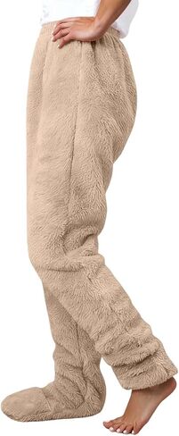 JiXiang Fleece Pants Women Plush Fuzzy Warm Cozy Pj Bottoms Lightweight Winter Lounge Footed Pajama Pants Sleeping Sleapwear in Saudi Arabia