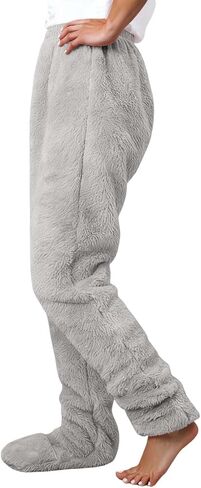 JiXiang Fleece Pants Women Plush Fuzzy Warm Cozy Pj Bottoms Lightweight Winter Lounge Footed Pajama Pants Sleeping Sleapwear in Saudi Arabia