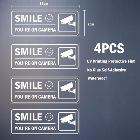 Video Surveillance Sign 4Pcs-24 Hour Surveillance Sign Security Stickers Self Adhesive Decal for Window Door Car (Smile You're On Camera) in Saudi Arabia