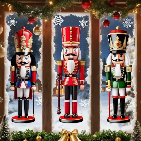 Whaline 13.8 x 35.4'' Extra Large Christmas Window Clings 3D Nutcracker Snowflake Window Stickers Vintage Glass Decals for Xmas Home Classroom Office Party Decoration, 3 Sheets in Saudi Arabia