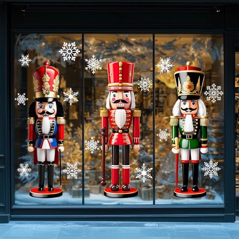 Whaline 13.8 x 35.4'' Extra Large Christmas Window Clings 3D Nutcracker Snowflake Window Stickers Vintage Glass Decals for Xmas Home Classroom Office Party Decoration, 3 Sheets in Saudi Arabia