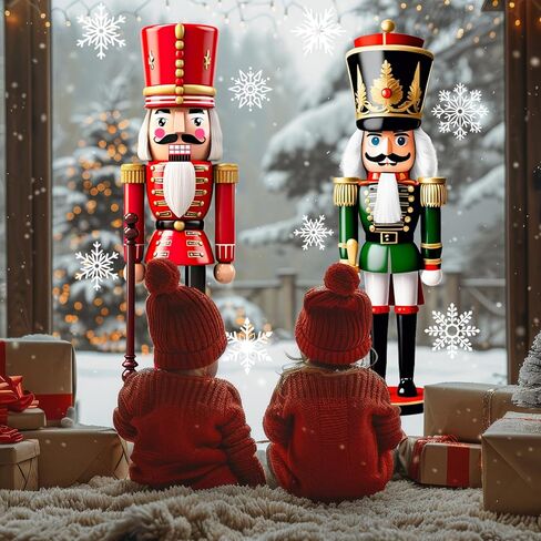 Whaline 13.8 x 35.4'' Extra Large Christmas Window Clings 3D Nutcracker Snowflake Window Stickers Vintage Glass Decals for Xmas Home Classroom Office Party Decoration, 3 Sheets in Saudi Arabia