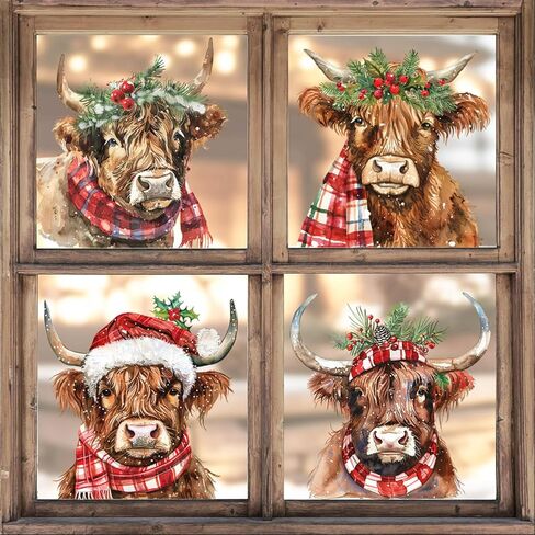Whaline 4 Sheet Large Christmas Window Clings Xmas Watercolor Highland Cow Reusable Window Decals for Winter Holiday Home School Office Glass Decor in Saudi Arabia