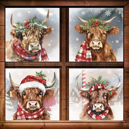 Whaline 4 Sheet Large Christmas Window Clings Xmas Watercolor Highland Cow Reusable Window Decals for Winter Holiday Home School Office Glass Decor in Saudi Arabia