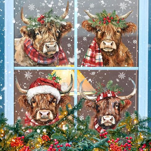 Whaline 4 Sheet Large Christmas Window Clings Xmas Watercolor Highland Cow Reusable Window Decals for Winter Holiday Home School Office Glass Decor in Saudi Arabia