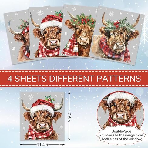 Whaline 4 Sheet Large Christmas Window Clings Xmas Watercolor Highland Cow Reusable Window Decals for Winter Holiday Home School Office Glass Decor in Saudi Arabia