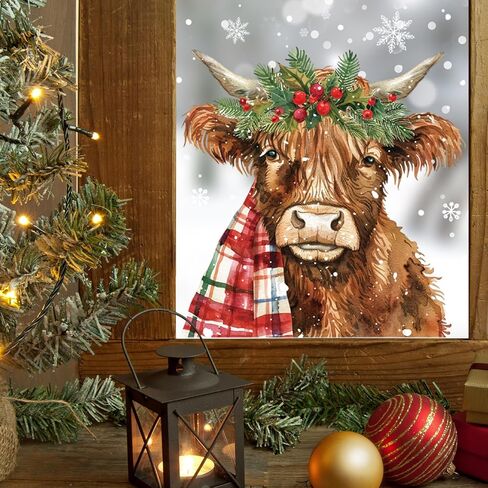 Whaline 4 Sheet Large Christmas Window Clings Xmas Watercolor Highland Cow Reusable Window Decals for Winter Holiday Home School Office Glass Decor in Saudi Arabia