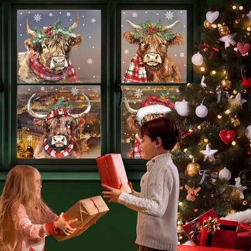 Whaline 4 Sheet Large Christmas Window Clings Xmas Watercolor Highland Cow Reusable Window Decals for Winter Holiday Home School Office Glass Decor in Saudi Arabia