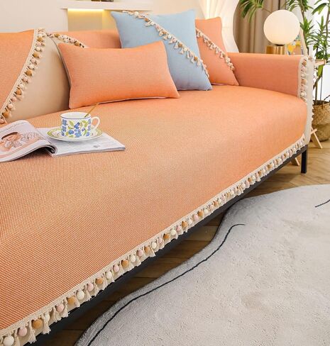 vctops Boho Pom Pom Sofa Couch Cover with Tassels Cotton Linen Sectional Couch Covers Non-Slip Sofa Slipcover for Dogs, Children, Pets Furniture Protector (Orange,36"x70") in Saudi Arabia