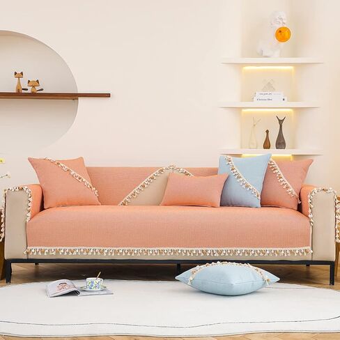 vctops Boho Pom Pom Sofa Couch Cover with Tassels Cotton Linen Sectional Couch Covers Non-Slip Sofa Slipcover for Dogs, Children, Pets Furniture Protector (Orange,36"x70") in Saudi Arabia