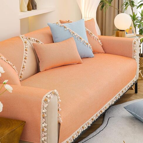 vctops Boho Pom Pom Sofa Couch Cover with Tassels Cotton Linen Sectional Couch Covers Non-Slip Sofa Slipcover for Dogs, Children, Pets Furniture Protector (Orange,36"x70") in Saudi Arabia