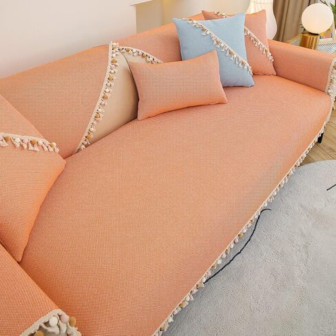 vctops Boho Pom Pom Sofa Couch Cover with Tassels Cotton Linen Sectional Couch Covers Non-Slip Sofa Slipcover for Dogs, Children, Pets Furniture Protector (Orange,36"x70") in Saudi Arabia
