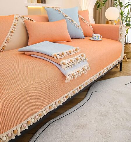 vctops Boho Pom Pom Sofa Couch Cover with Tassels Cotton Linen Sectional Couch Covers Non-Slip Sofa Slipcover for Dogs, Children, Pets Furniture Protector (Orange,36"x70") in Saudi Arabia