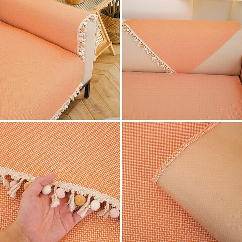 vctops Boho Pom Pom Sofa Couch Cover with Tassels Cotton Linen Sectional Couch Covers Non-Slip Sofa Slipcover for Dogs, Children, Pets Furniture Protector (Orange,36"x70") in Saudi Arabia