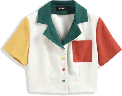 CIDER Patchwork Collar Short Sleeve Crop Blouse in Saudi Arabia