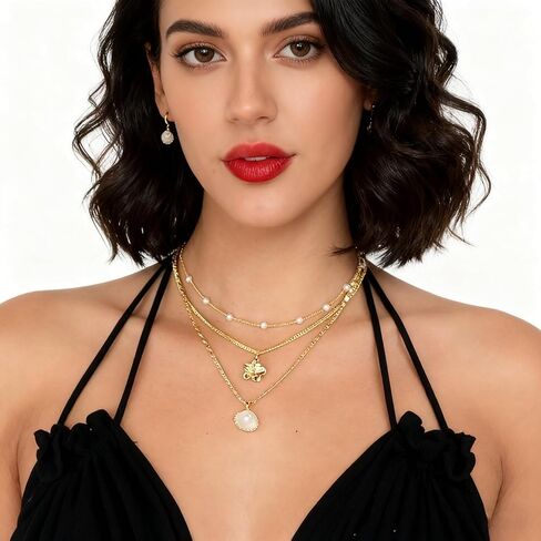 Gold Layered Charm Necklaces for Women Dainty Choker Necklace Simple Waterproof Pearl Beach Cute Necklaces Set Fashion Jewelry Gift in Saudi Arabia