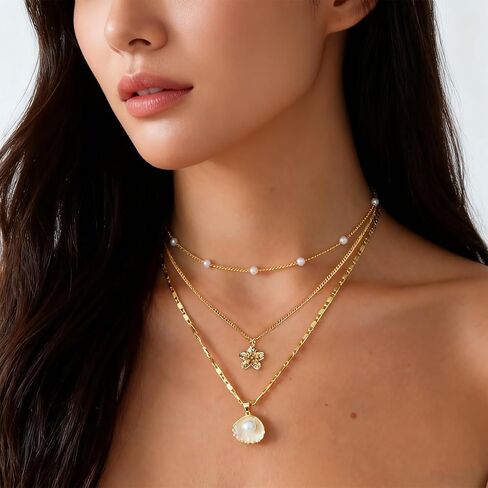 Gold Layered Charm Necklaces for Women Dainty Choker Necklace Simple Waterproof Pearl Beach Cute Necklaces Set Fashion Jewelry Gift in Saudi Arabia