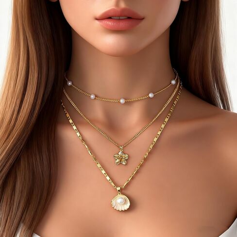Gold Layered Charm Necklaces for Women Dainty Choker Necklace Simple Waterproof Pearl Beach Cute Necklaces Set Fashion Jewelry Gift in Saudi Arabia