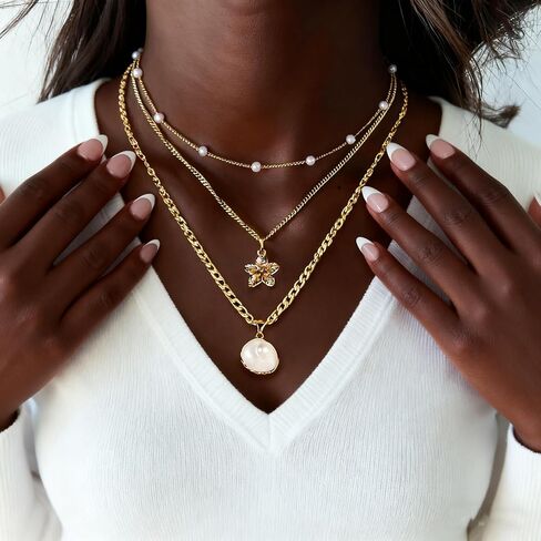 Gold Layered Charm Necklaces for Women Dainty Choker Necklace Simple Waterproof Pearl Beach Cute Necklaces Set Fashion Jewelry Gift in Saudi Arabia