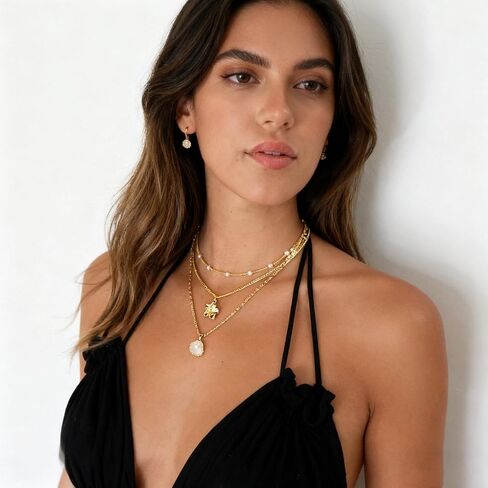Gold Layered Charm Necklaces for Women Dainty Choker Necklace Simple Waterproof Pearl Beach Cute Necklaces Set Fashion Jewelry Gift in Saudi Arabia