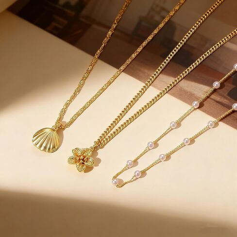 Gold Layered Charm Necklaces for Women Dainty Choker Necklace Simple Waterproof Pearl Beach Cute Necklaces Set Fashion Jewelry Gift in Saudi Arabia