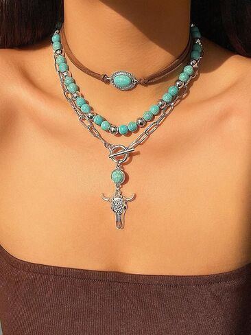 Layered Turquoise Beaded Western Necklaces for Women Vintage Western Jewelry Green Choker Country Concert Dresses Accessories in Saudi Arabia