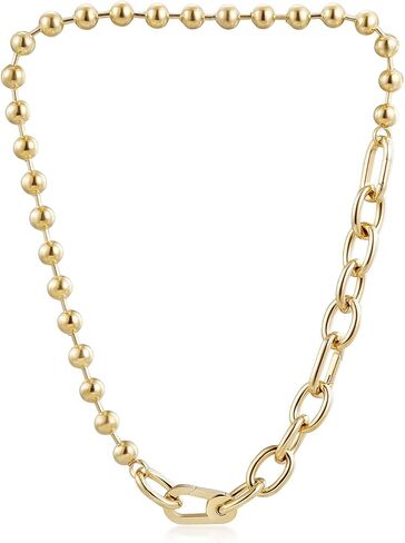 CIUNOFOR 14K Gold Plated Beaded Link Chain Necklace for Women, Chunky Silver Necklace with Lock Pendant Clasp, Trendy Choker Chain Layering Jewelry in Saudi Arabia