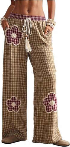 Women's Floral Patch Baggy Pants Plaid Drawstring Waist Wide Leg Causal Trousers with Pockets in Saudi Arabia