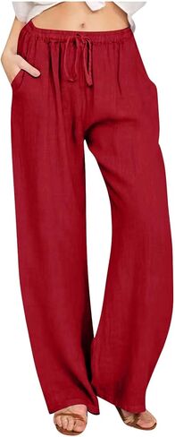 Womens Wide Leg Linen Pants 2026 Summer Beach Vacation Outfits High Waisted Drawstring Palazzo Pants with Pockets in Saudi Arabia