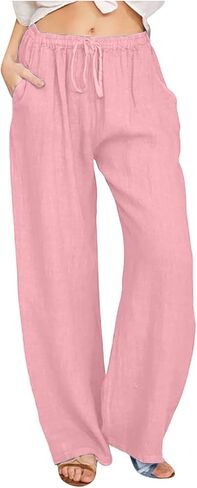 Womens Wide Leg Linen Pants 2026 Summer Beach Vacation Outfits High Waisted Drawstring Palazzo Pants with Pockets in Saudi Arabia
