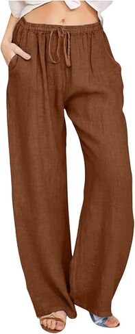 Womens Wide Leg Linen Pants 2026 Summer Beach Vacation Outfits High Waisted Drawstring Palazzo Pants with Pockets in Saudi Arabia