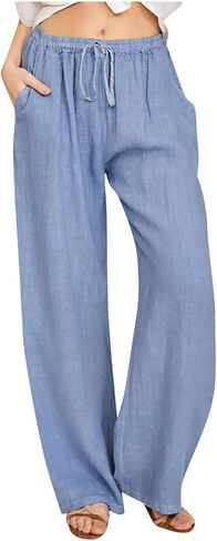 Womens Wide Leg Linen Pants 2026 Summer Beach Vacation Outfits High Waisted Drawstring Palazzo Pants with Pockets in Saudi Arabia