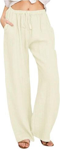 Womens Wide Leg Linen Pants 2026 Summer Beach Vacation Outfits High Waisted Drawstring Palazzo Pants with Pockets in Saudi Arabia