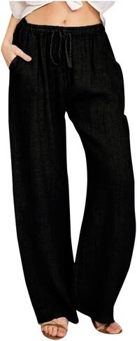 Womens Wide Leg Linen Pants 2026 Summer Beach Vacation Outfits High Waisted Drawstring Palazzo Pants with Pockets in Saudi Arabia