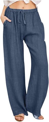 Womens Wide Leg Linen Pants 2026 Summer Beach Vacation Outfits High Waisted Drawstring Palazzo Pants with Pockets in Saudi Arabia