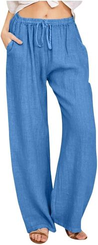 Womens Wide Leg Linen Pants 2026 Summer Beach Vacation Outfits High Waisted Drawstring Palazzo Pants with Pockets in Saudi Arabia