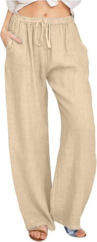 Womens Wide Leg Linen Pants 2026 Summer Beach Vacation Outfits High Waisted Drawstring Palazzo Pants with Pockets in Saudi Arabia