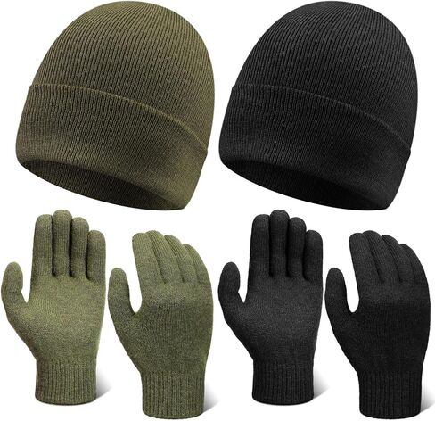 2 Pack Men's Wool Beanie Hat Gloves Set Winter Outdoor Soft Knitted Wool Military Tactical Ski Hunting Beanie Gloves Set Gifts for Men Cold Weather in Saudi Arabia