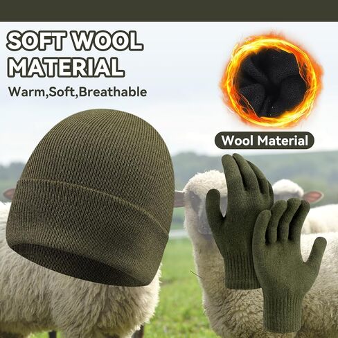 2 Pack Men's Wool Beanie Hat Gloves Set Winter Outdoor Soft Knitted Wool Military Tactical Ski Hunting Beanie Gloves Set Gifts for Men Cold Weather in Saudi Arabia