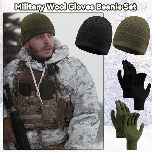 2 Pack Men's Wool Beanie Hat Gloves Set Winter Outdoor Soft Knitted Wool Military Tactical Ski Hunting Beanie Gloves Set Gifts for Men Cold Weather in Saudi Arabia