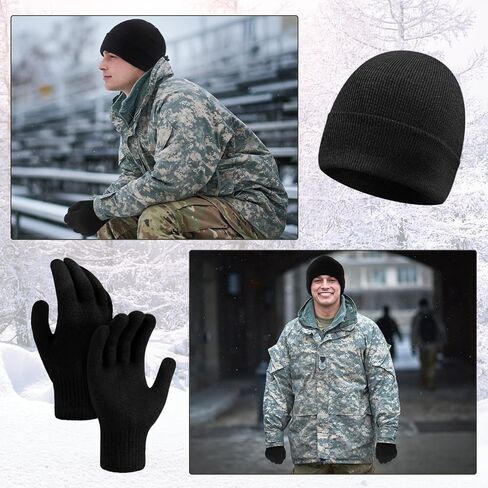 2 Pack Men's Wool Beanie Hat Gloves Set Winter Outdoor Soft Knitted Wool Military Tactical Ski Hunting Beanie Gloves Set Gifts for Men Cold Weather in Saudi Arabia