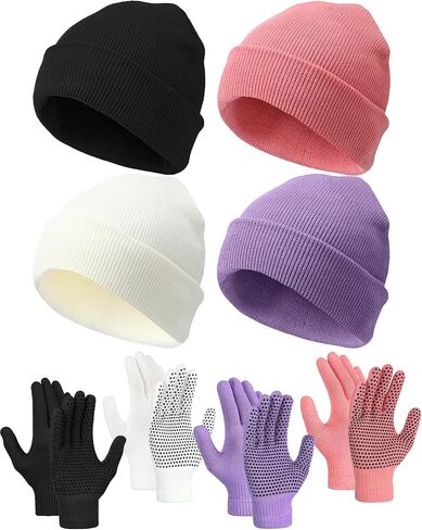 8 Pcs Winter Knitted Beanies Hats Gloves Set Warm Stretch Gripper Gloves Adult Knitted Hats for Women Men in Saudi Arabia